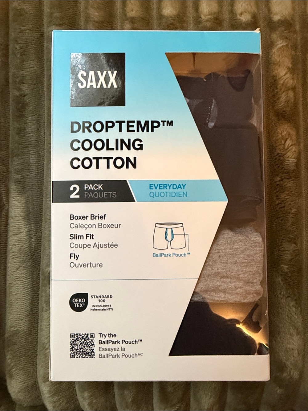 Saxx DropTemp Cooling Cotton 2-Pack Boxer Briefs in Black & Gray